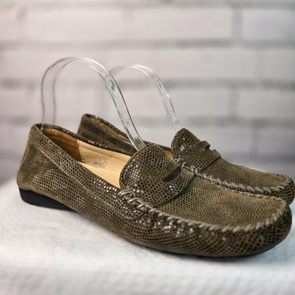 VAN ELI PENNY LOAFERS TAUPE SNAKE PRINT SUEDE MOCCASIN DRIVING SHOES SIZE 9.5 - Picture 1 of 8